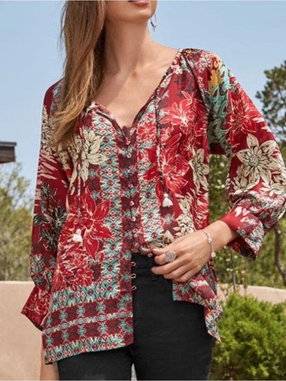 Johnny Was 100% Silk Johnny Was Ikat Blise Silk Blouse Tunic Size: XXL